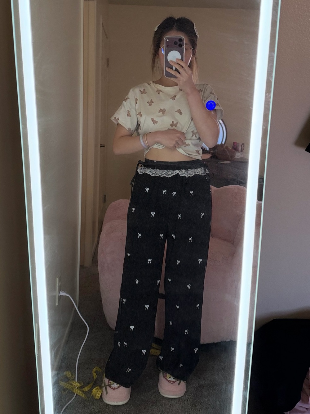 Black Bow-Print Wide-Leg Pants with Lace Waistband